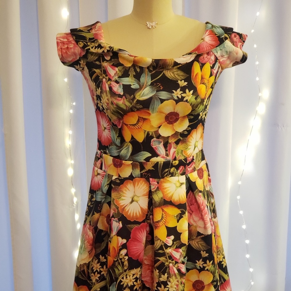 Black floral off the shoulder cocktail dress